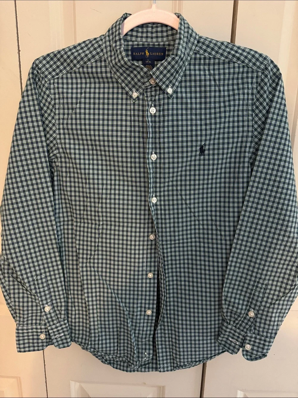 Boys Ralph Lauren Plaid Button-Down Shirt - Green & Navy with navy horse 14/16